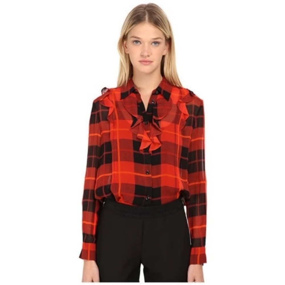 Kate Spade red black woodland plaid chiffon button up down blouse 6